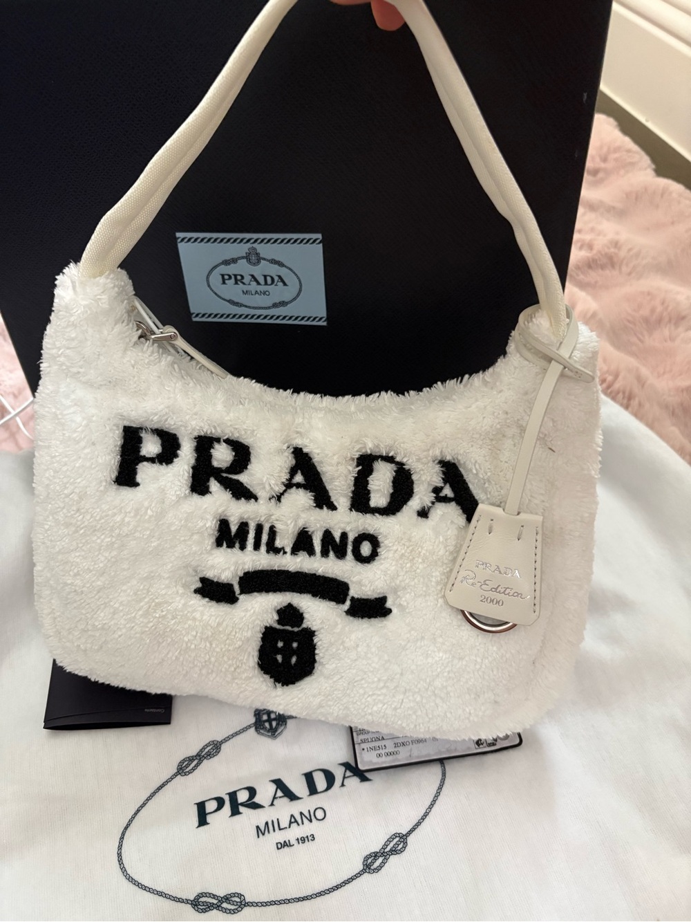 Prada White terry mini hobo Bag with Black Logo
